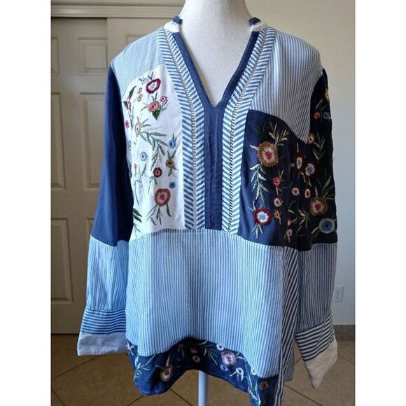Chicos Women Boho Patchwork Embroidered Tunic Top Size 2 (M) Blue Long Sleeve - Picture 2 of 15